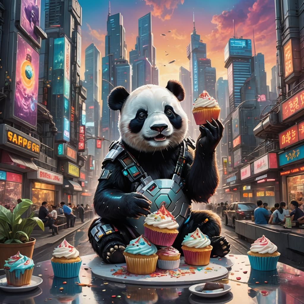Cyborg Panda Enjoys Cupcake in Futuristic City