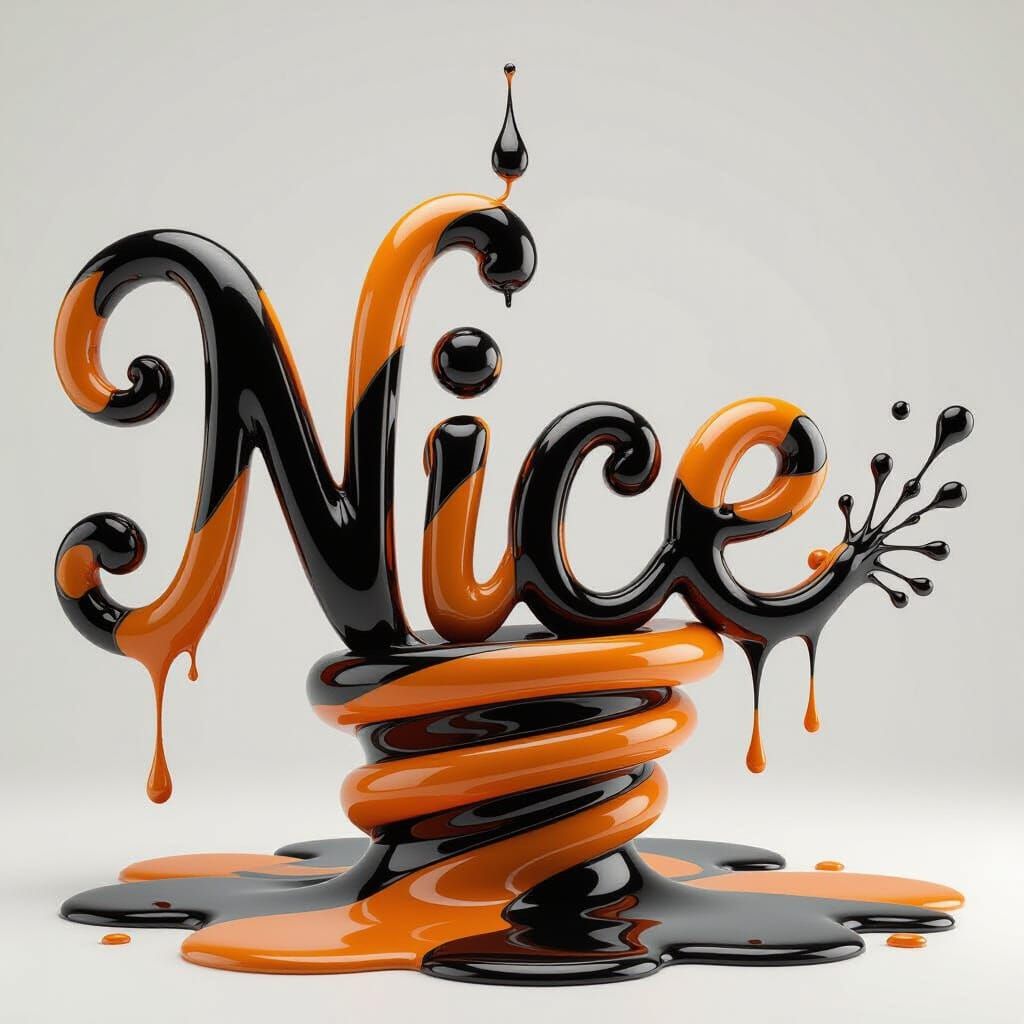 Sculptural Word 'Nice' in Glossy Black and Orange Liquid