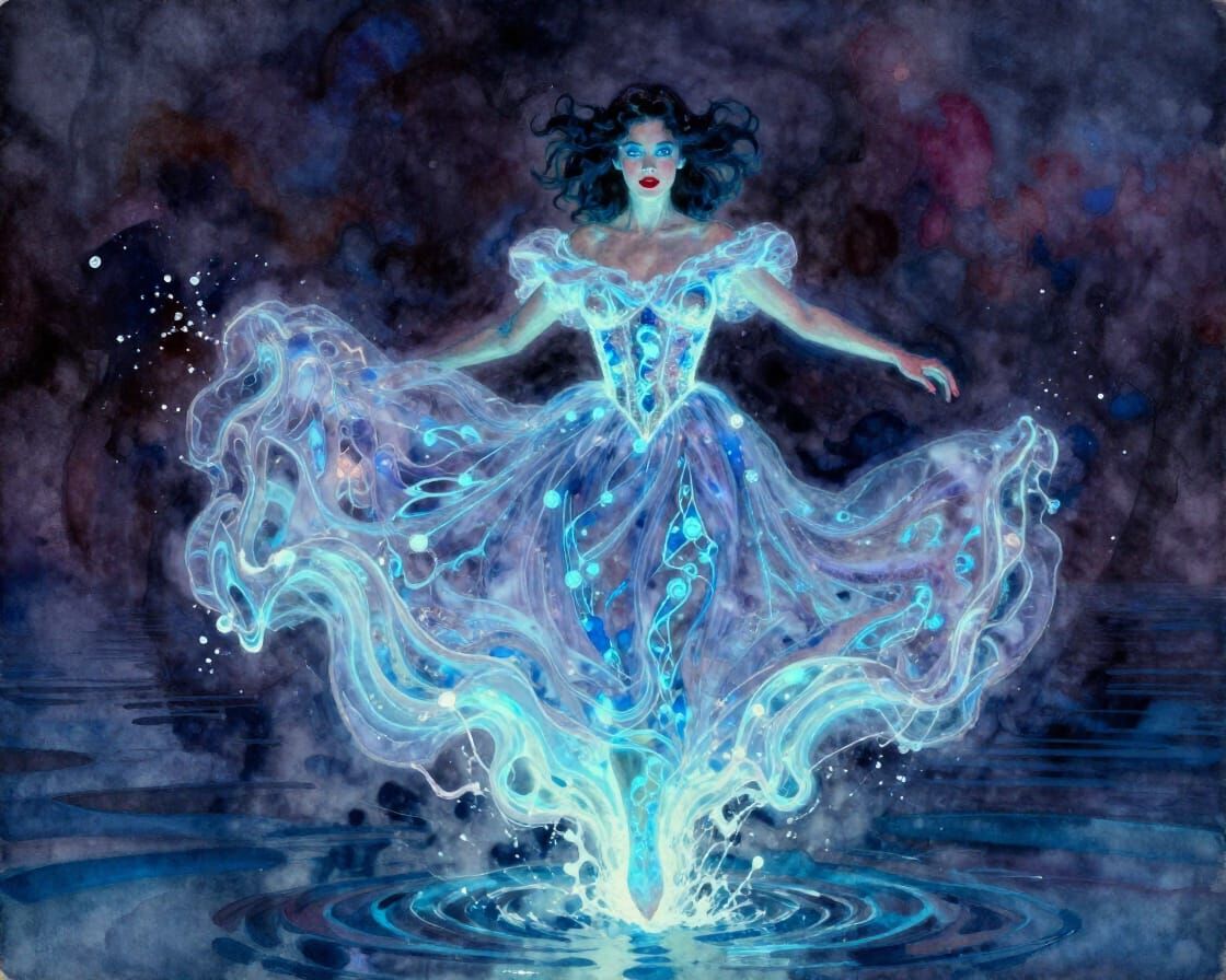 Bioluminescent Woman in Ballroom Dress Hovers Over Water