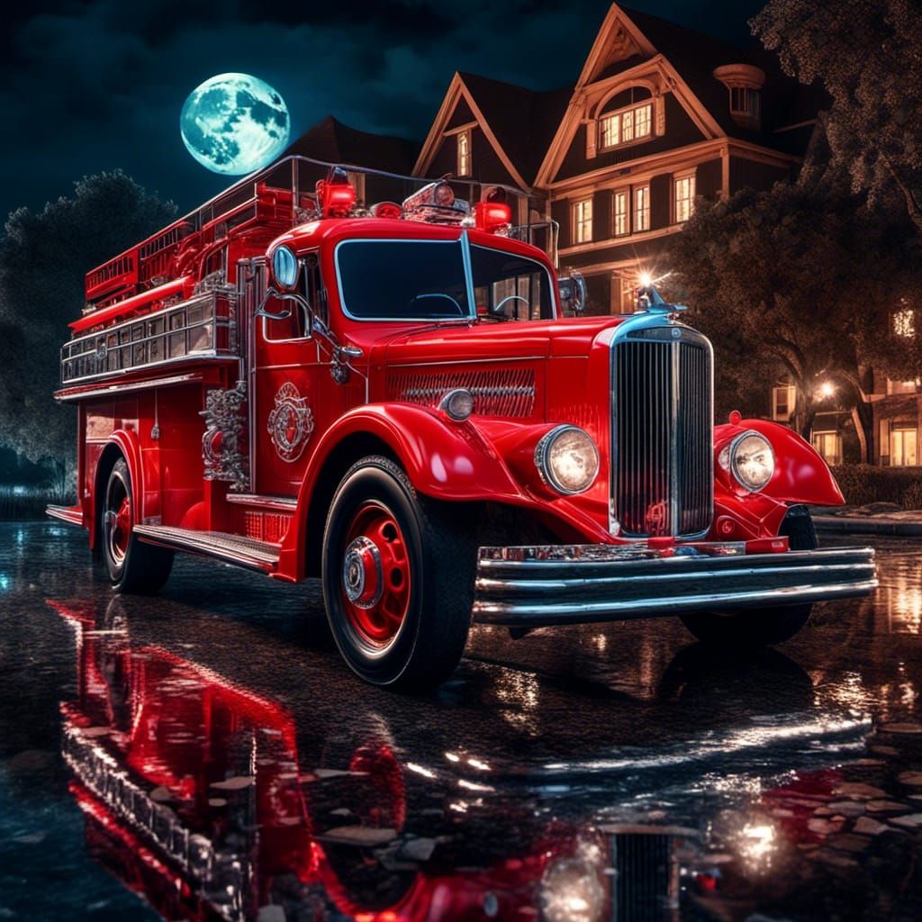 Hyperrealistic Cherry Red Firetruck Under Full Moon