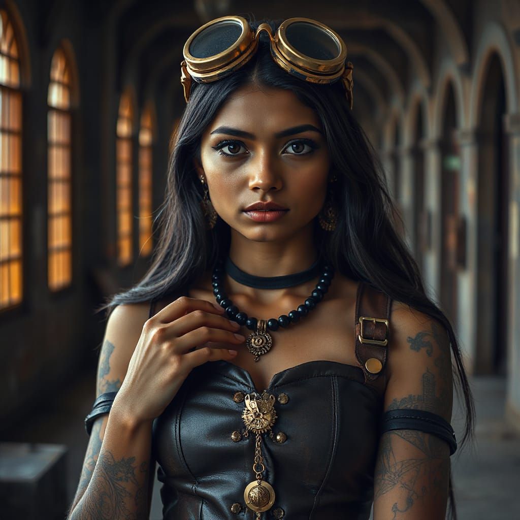 Steampunk Indian Woman Portrait with Ornate Goggles