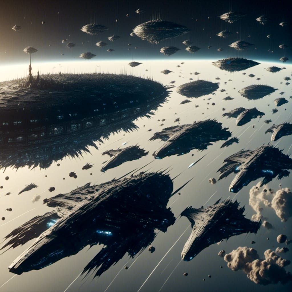 Spaceship Fleet Led to Planet in Sci-Fi Style