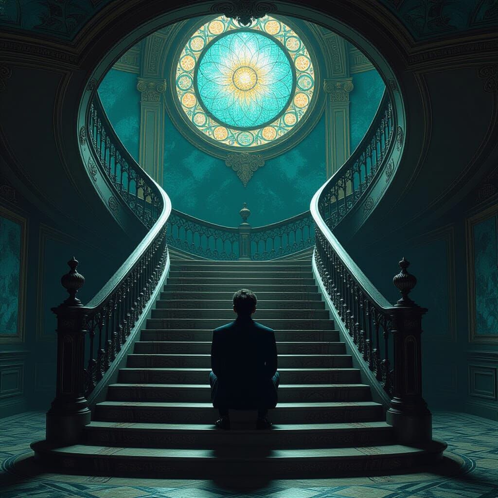 Person at Bottom of Ornate Staircase: Art Nouveau