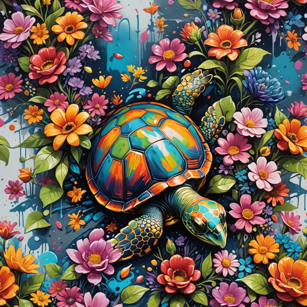 Colorful Turtle in Flower Bouquet, Graffiti Art