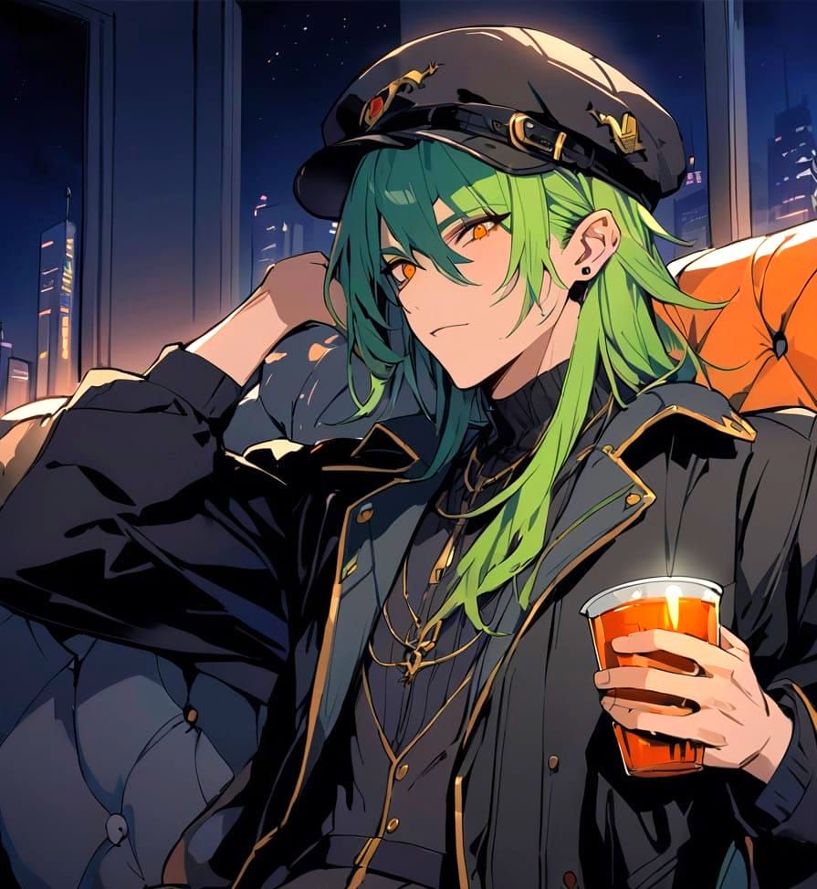 Gothic Bishounen Adventurer Sips Tea in Midnight City Cafe