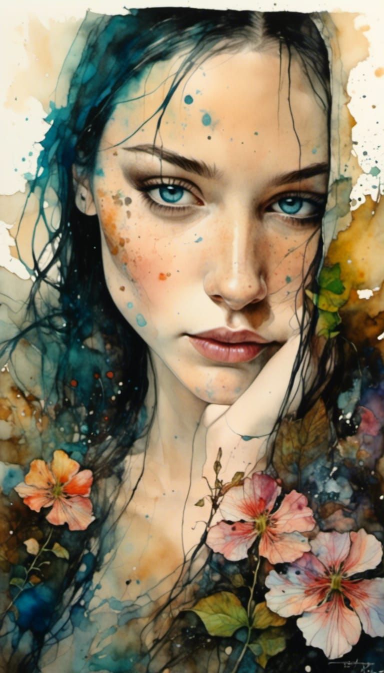 Surreal Blue Girl Portrait with Ink Splatters