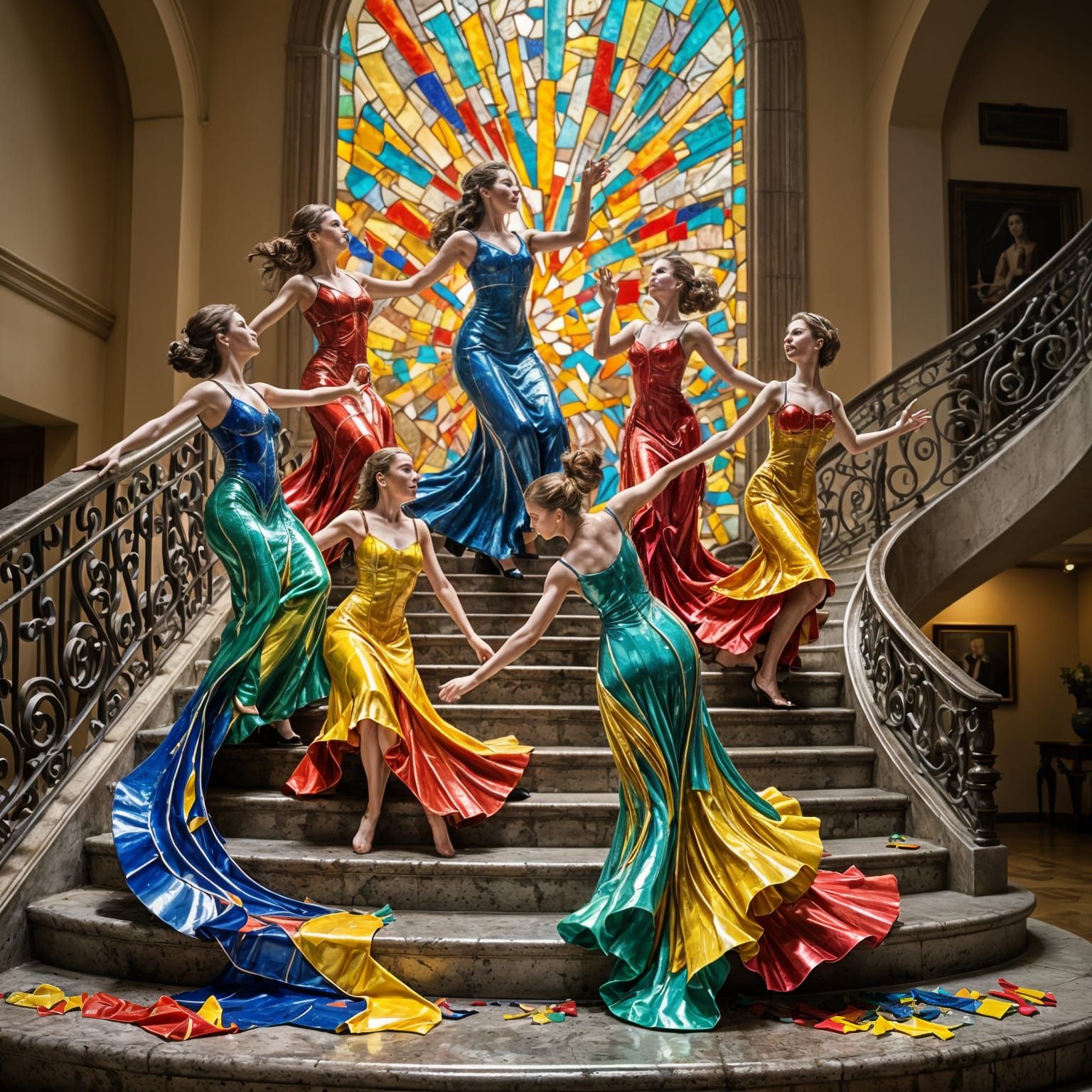 Enameled Glass Dancers on Staircase of Light