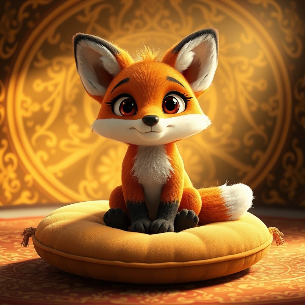 Plush Fox on Velvet Cushion in 3D Render