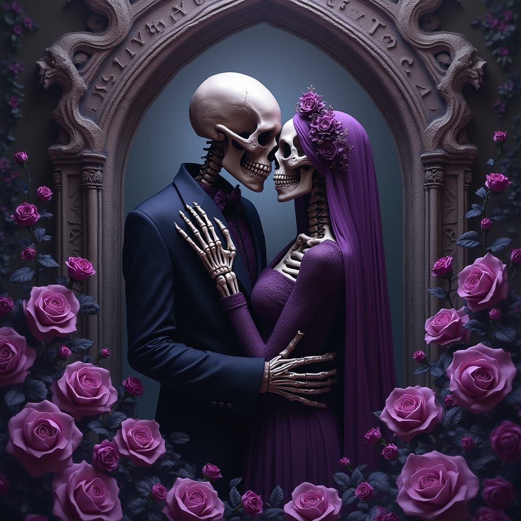 Ethereal Gothic Skeletons in a Mysterious Purple Hued Archwa...