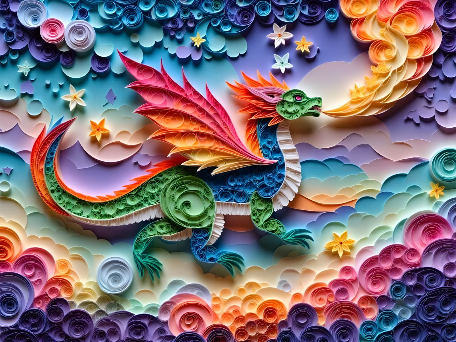 Intricate Paper Dragon Soaring Through Dreamlike Sky