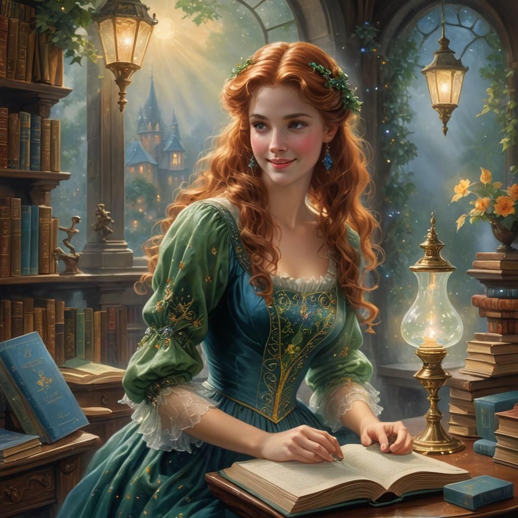 Redhead in Antique Library, Ethereal Fantasy Style