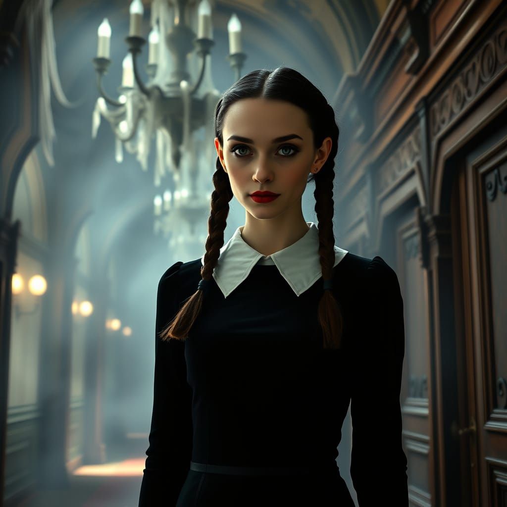 Wednesday in a Haunting Gothic Mansion