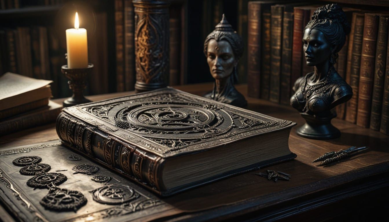 Darkly Ornate Occult Tome in a Mysterious Library