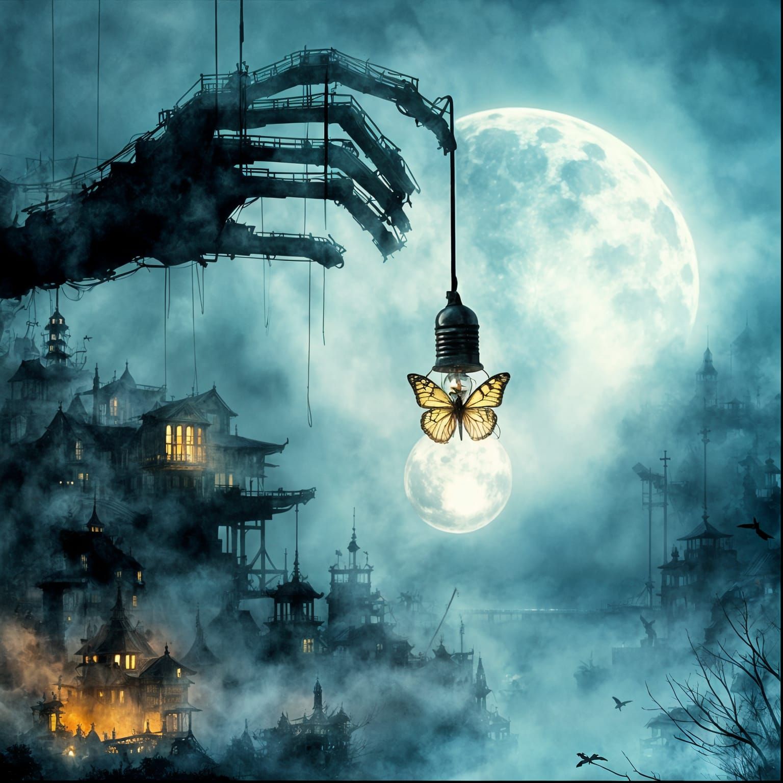 Skeleton Hand and Lightbulb: Sumi-e Style Dreamscape