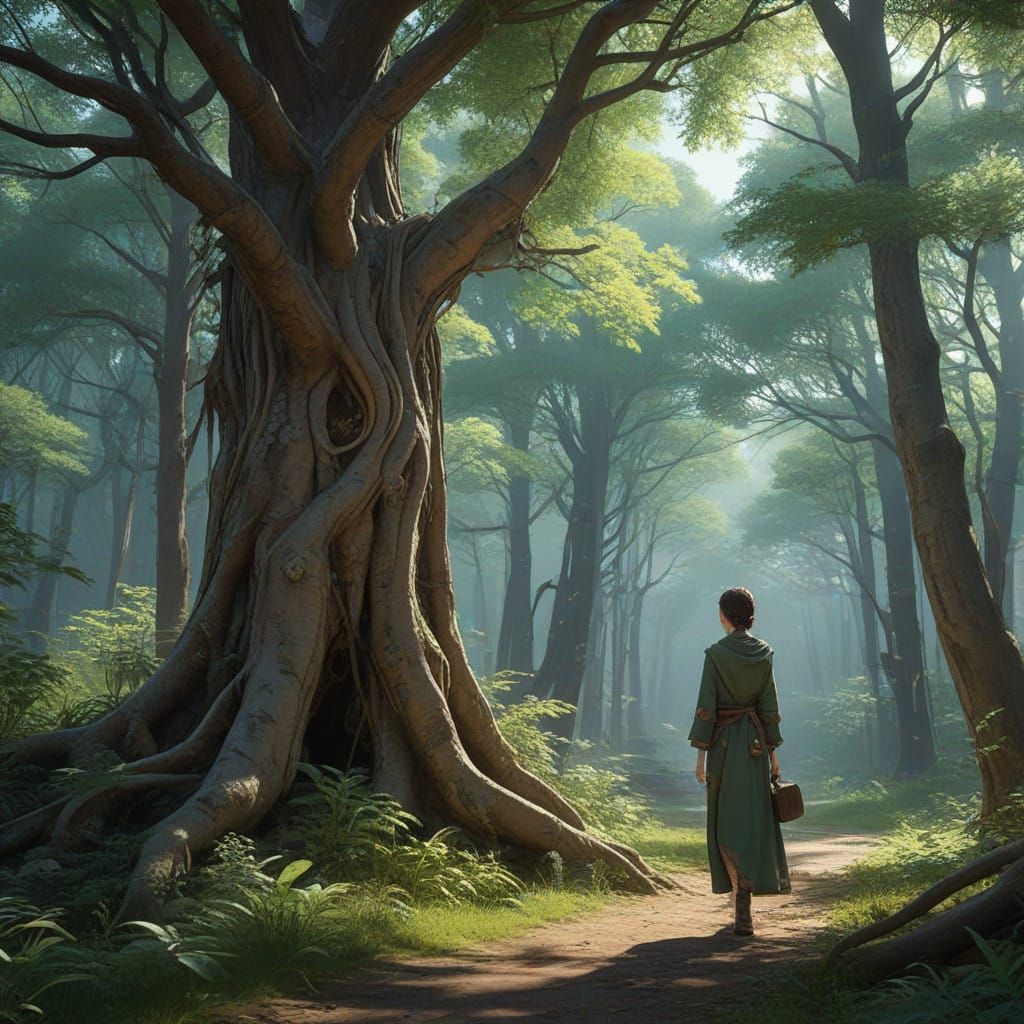 Young Woman Amidst Whimsical, Verdant Woods