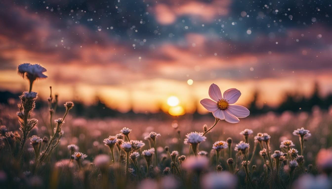 Ornate Flower Field at Sunset under Starry Sky