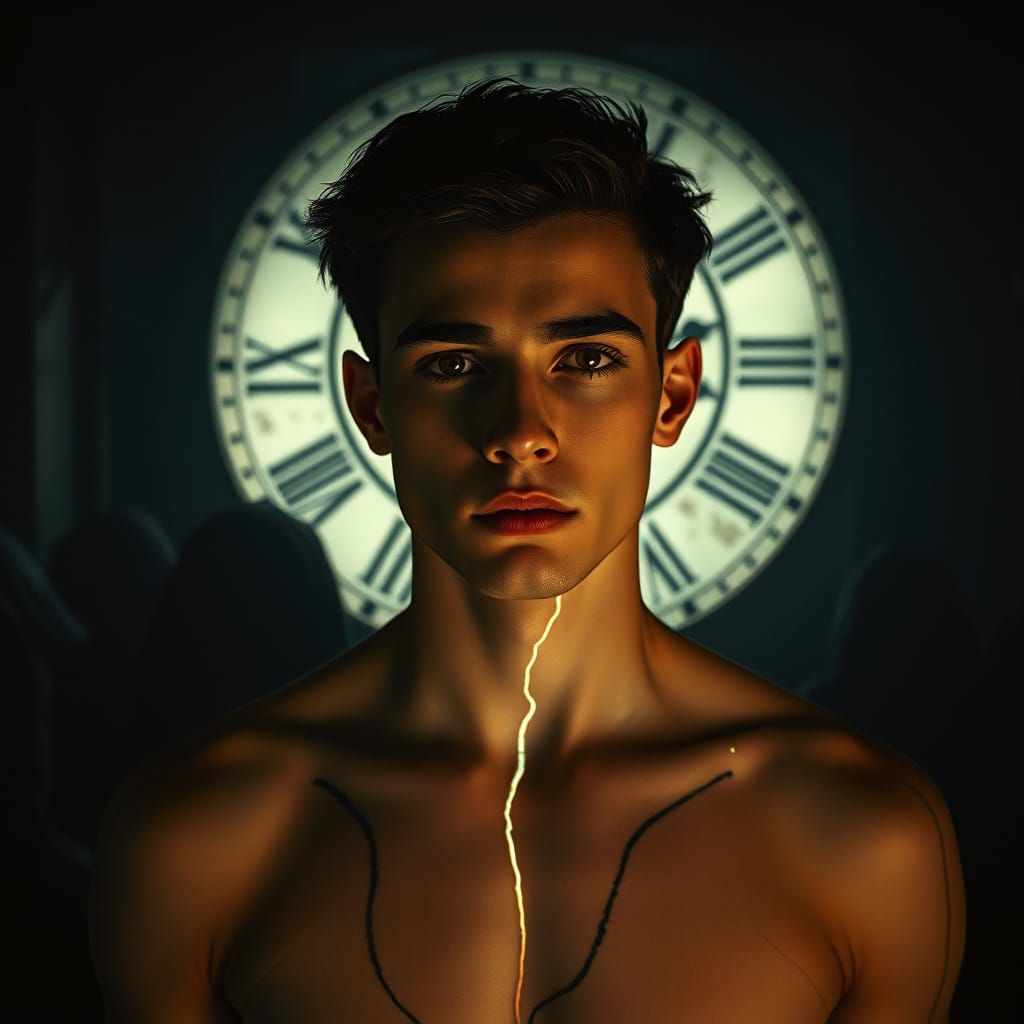 Man with Glowing Lines in Crumbling Clock World