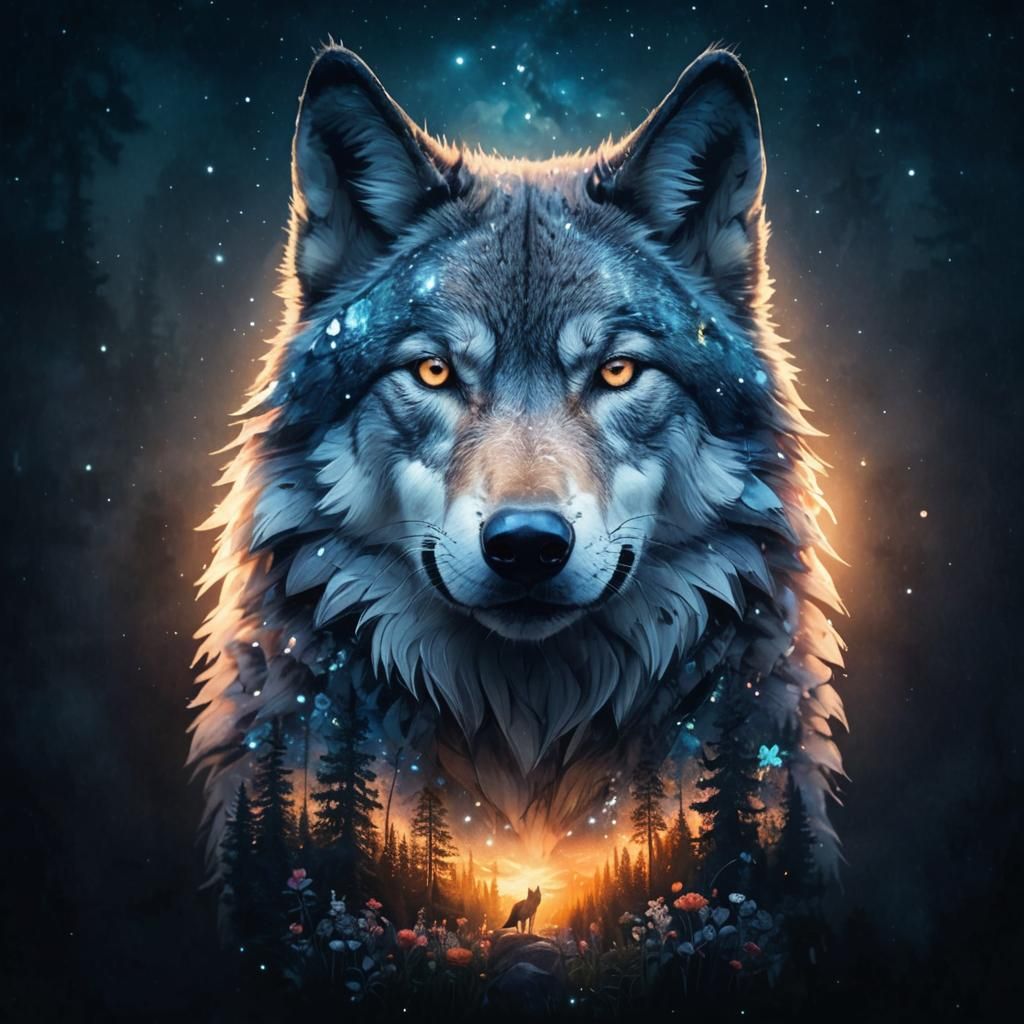 Hyperrealistic Wolf Double Exposure with Forest Scenes