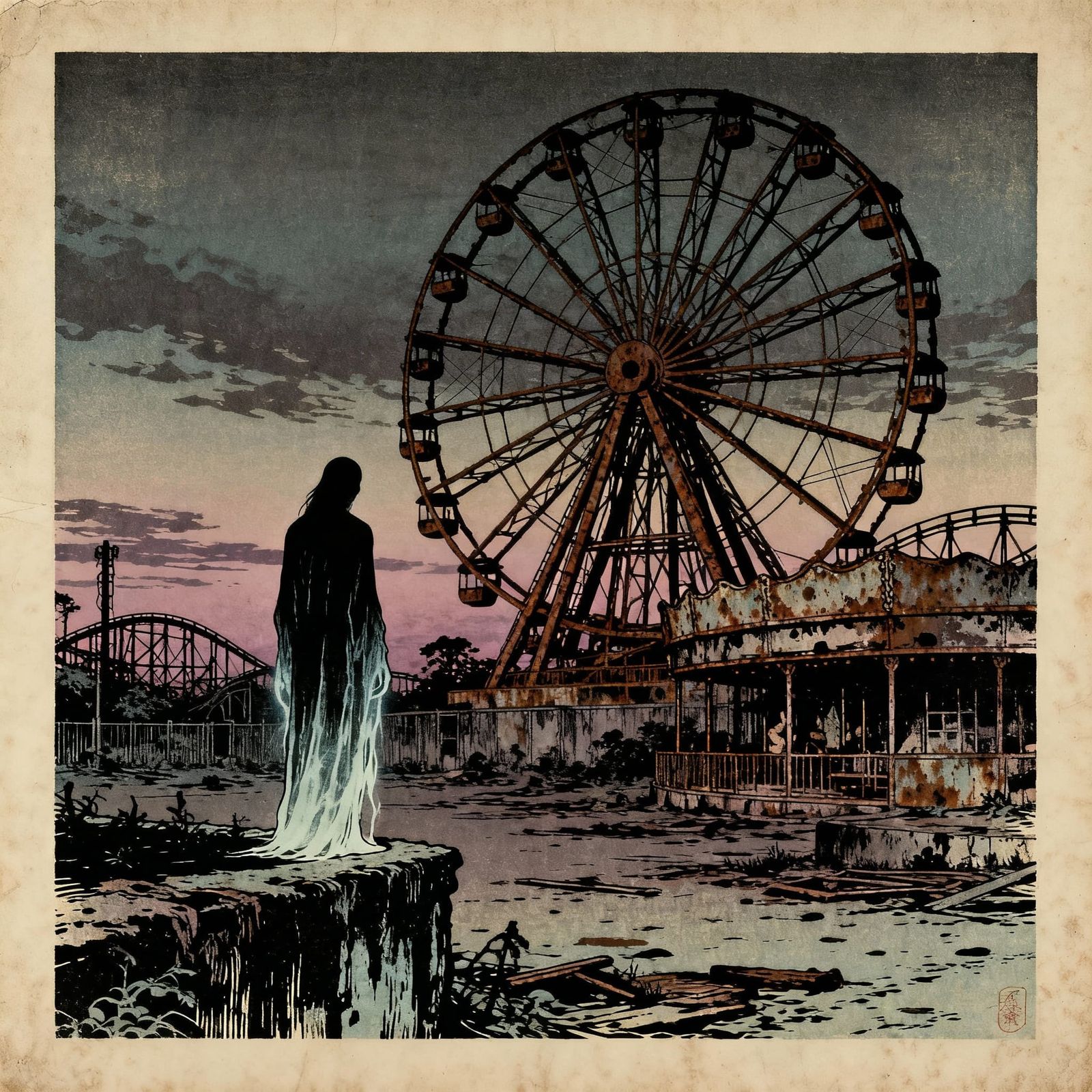 Spectral Figure in Abandoned Amusement Park