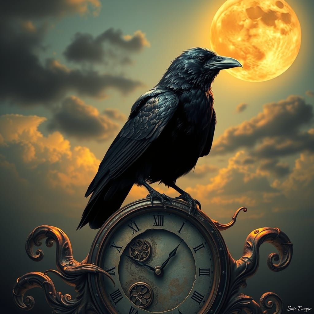 Surrealist Crow Perched on Melting Clock in Dreamlike Scene