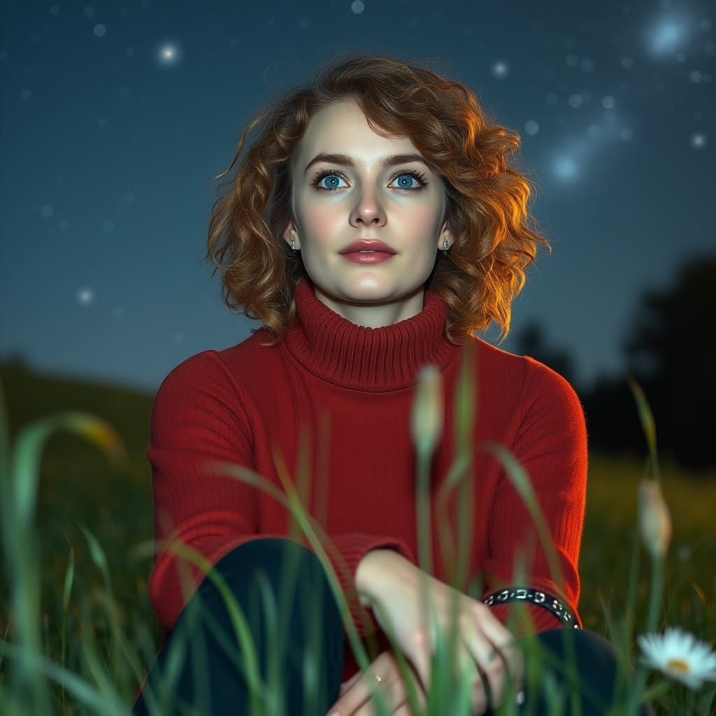 Dreamy Woman Contemplates Starry Sky: Photorealistic Image