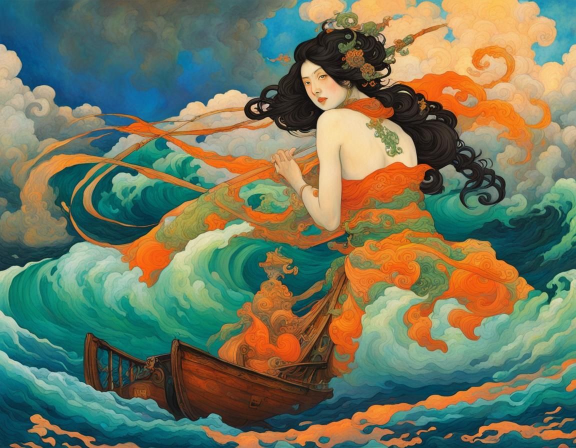 Samurai Corsair Ship in Art Nouveau Style