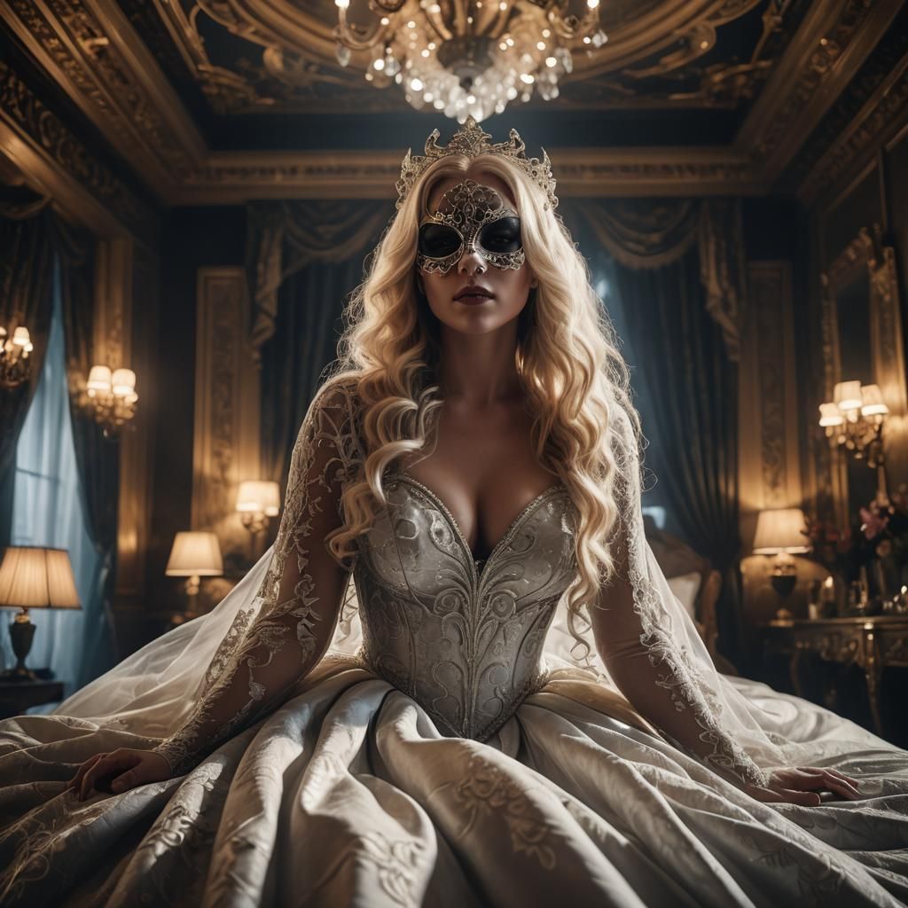 Masked Ghost in Opulent Room, Detailed Matte Painting
