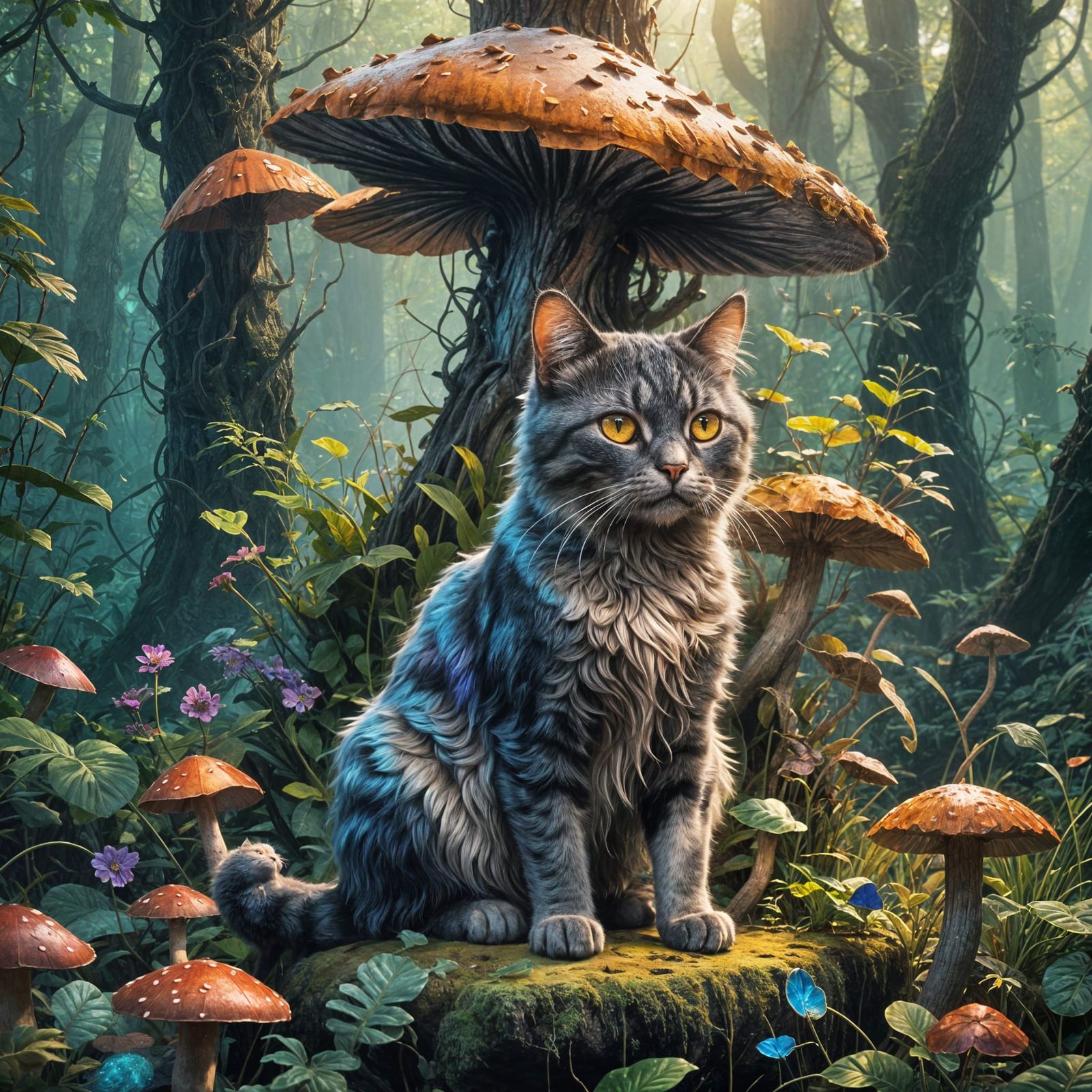 Cat in a Fantastical Mushroom Forest: Detailed Matte Paintin...