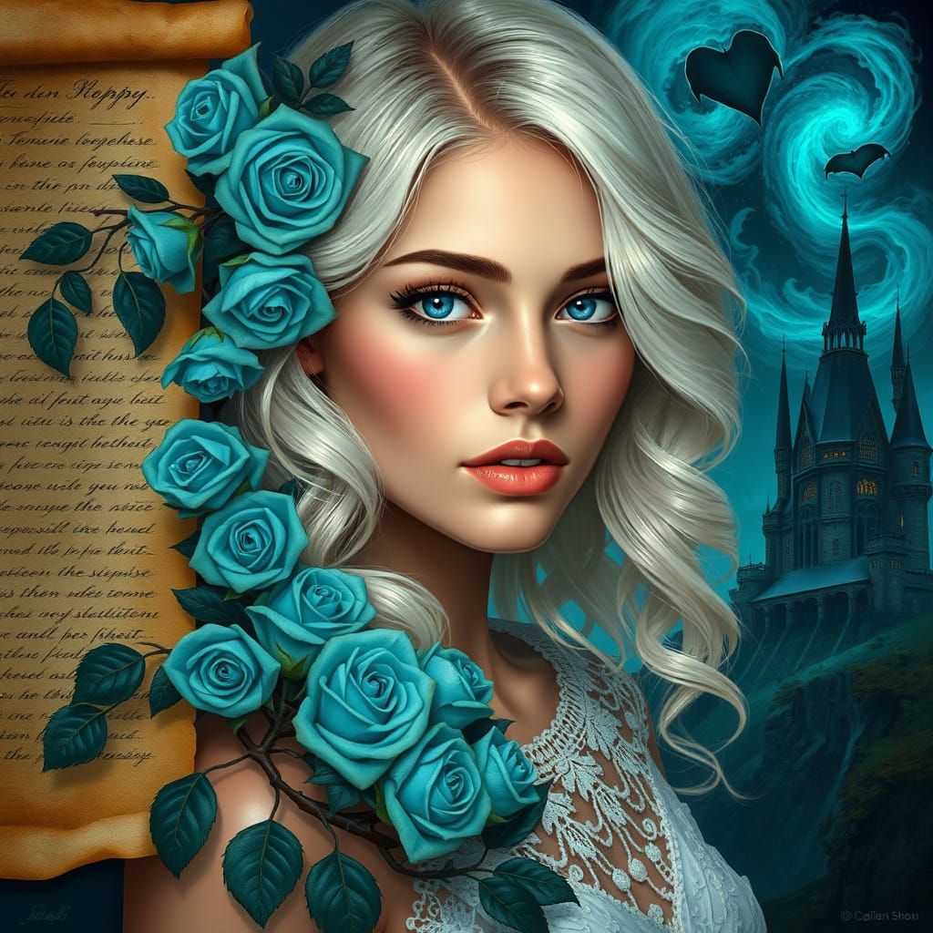Ethereal Woman with Teal Roses in Gothic Fantasy Art