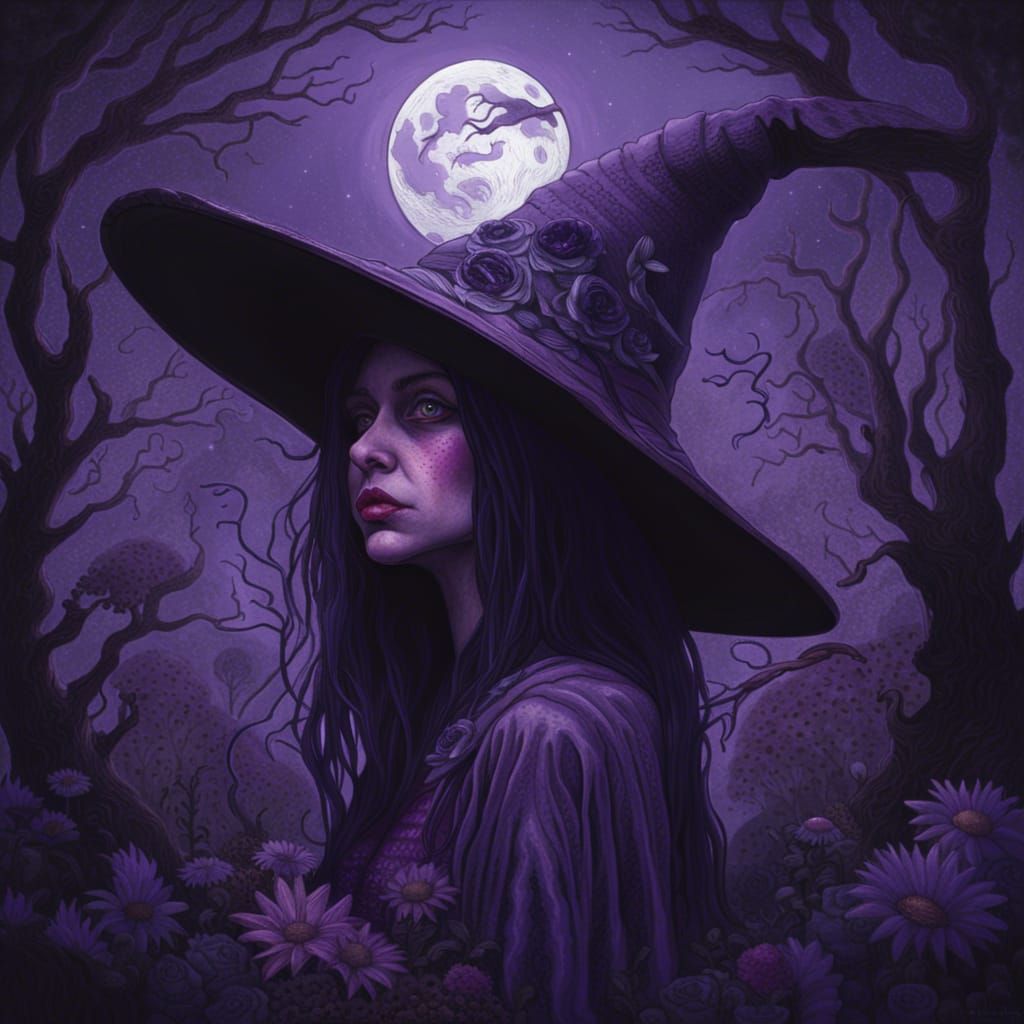 Sinister Purple Witch Under the Full Moon