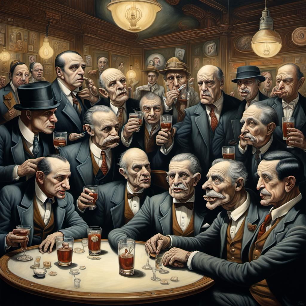 Distinguished Gentlemen drinking and engaging in riveting conversation, shhhh let's listen in....
"Uh hmm, yes", "Well ...