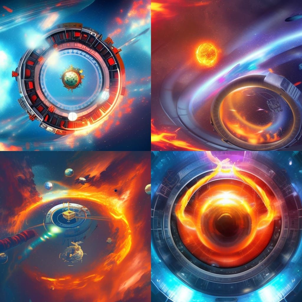 Flaming Eight-Ring Space Station: Hyperrealistic Concept Art