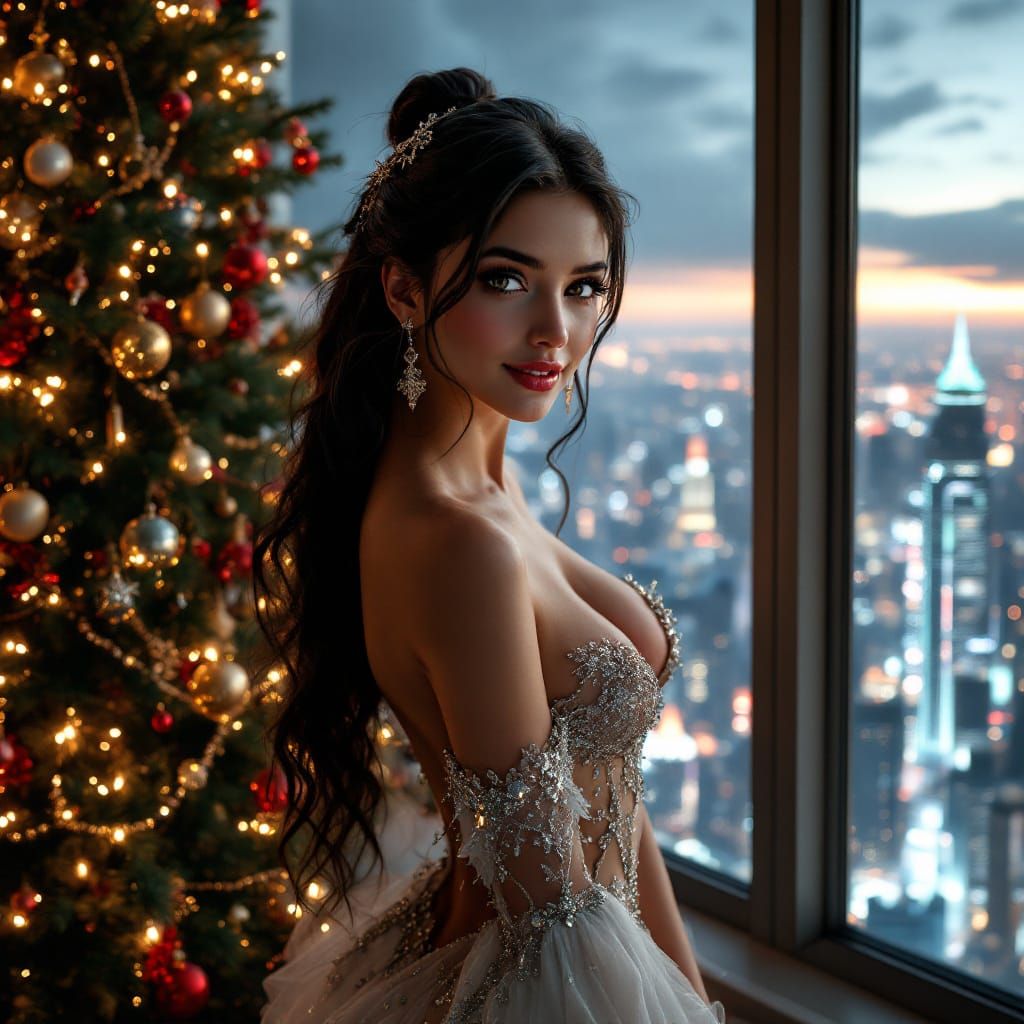 Futuristic Princess Decorates Christmas Tree Over Metropolis