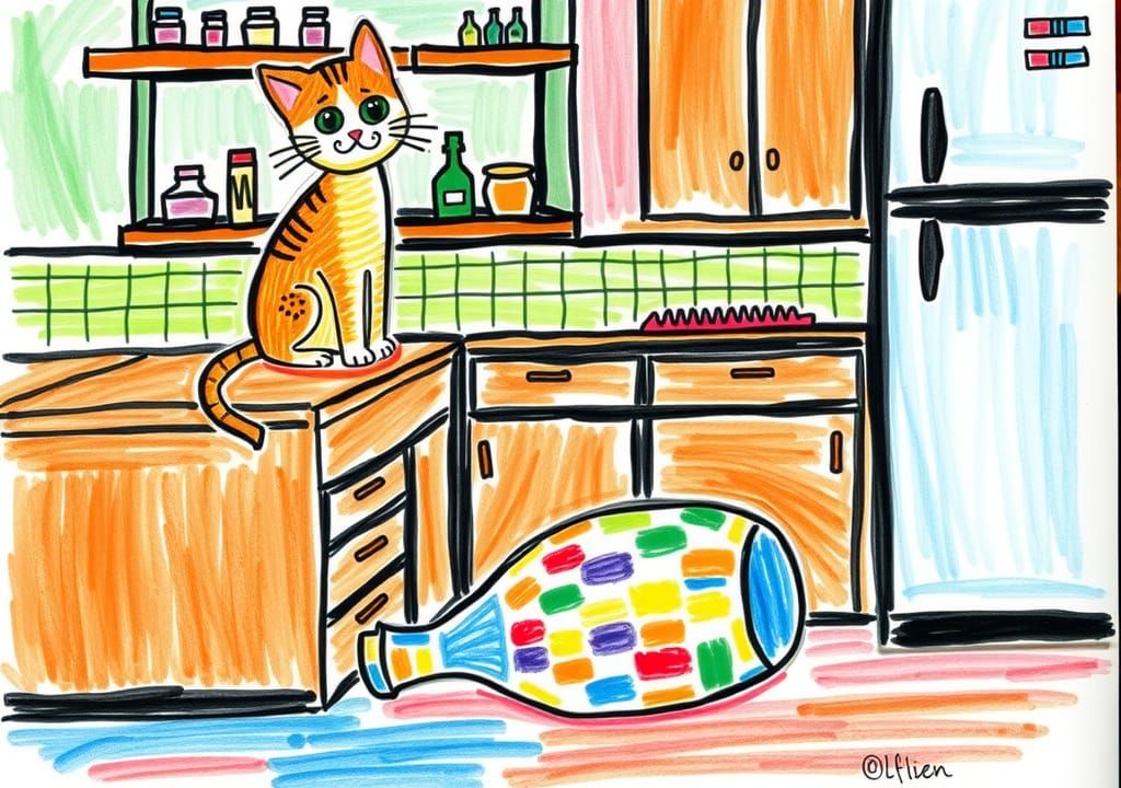 Child's Art: Cat, Broken Vase, Crayon Strokes