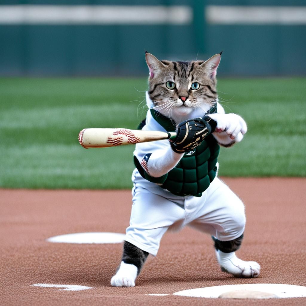 Cat Playing Baseball in Cartoon Style