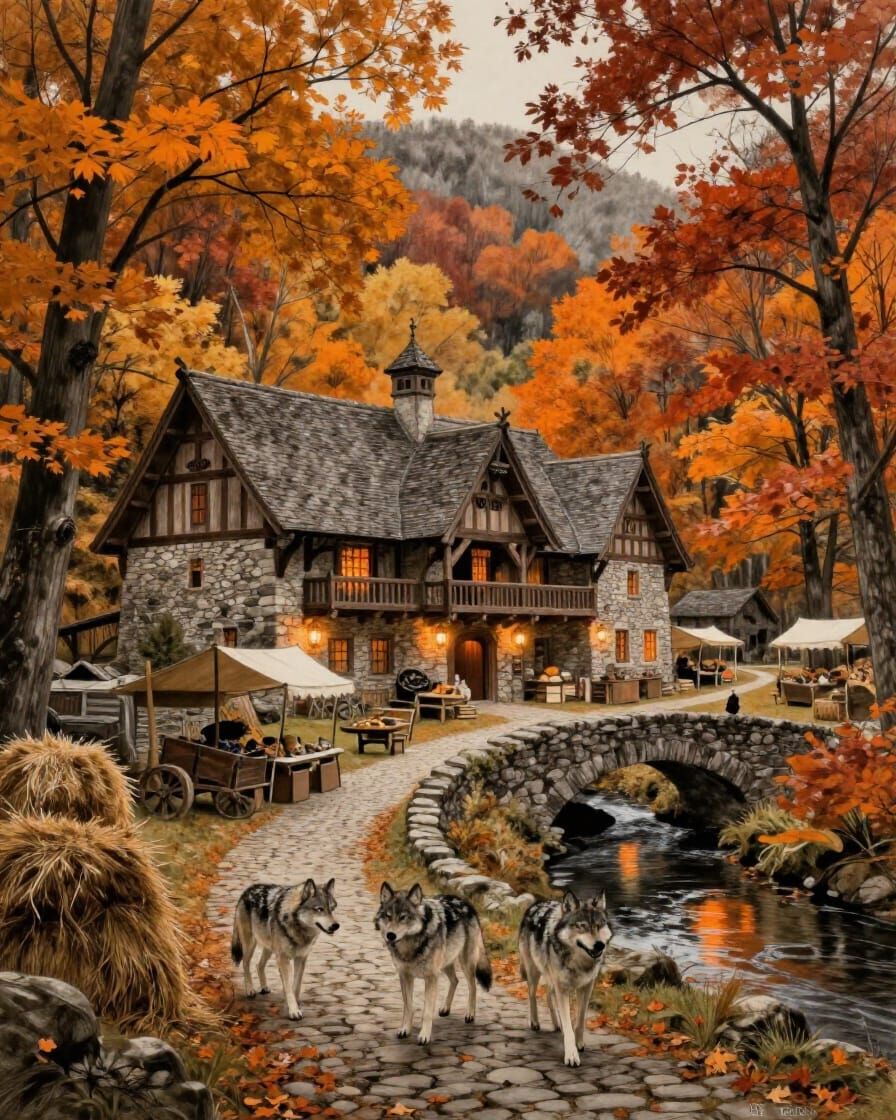 Autumn Harvest Hall with Wolves in Charcoal Drawing Style