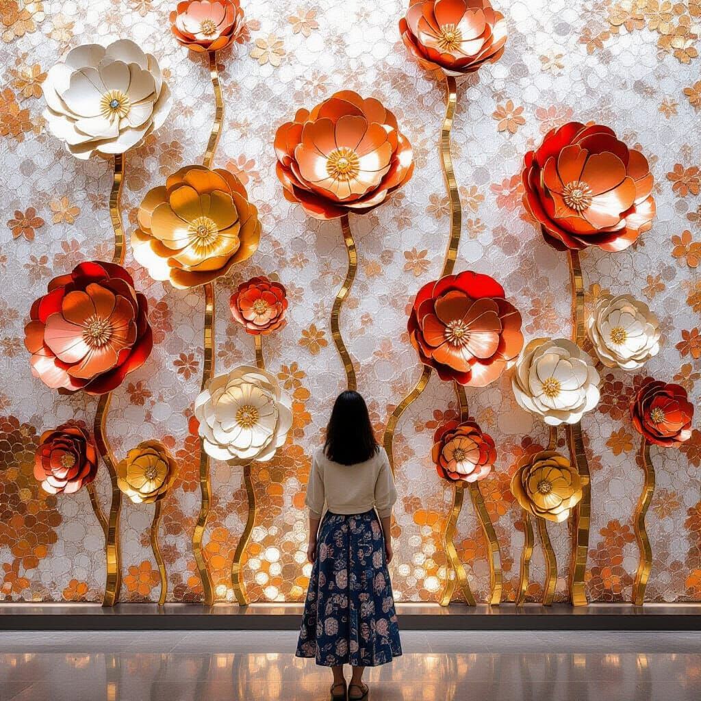 Copper Coin Flower Mural Shimmers in Warm Light