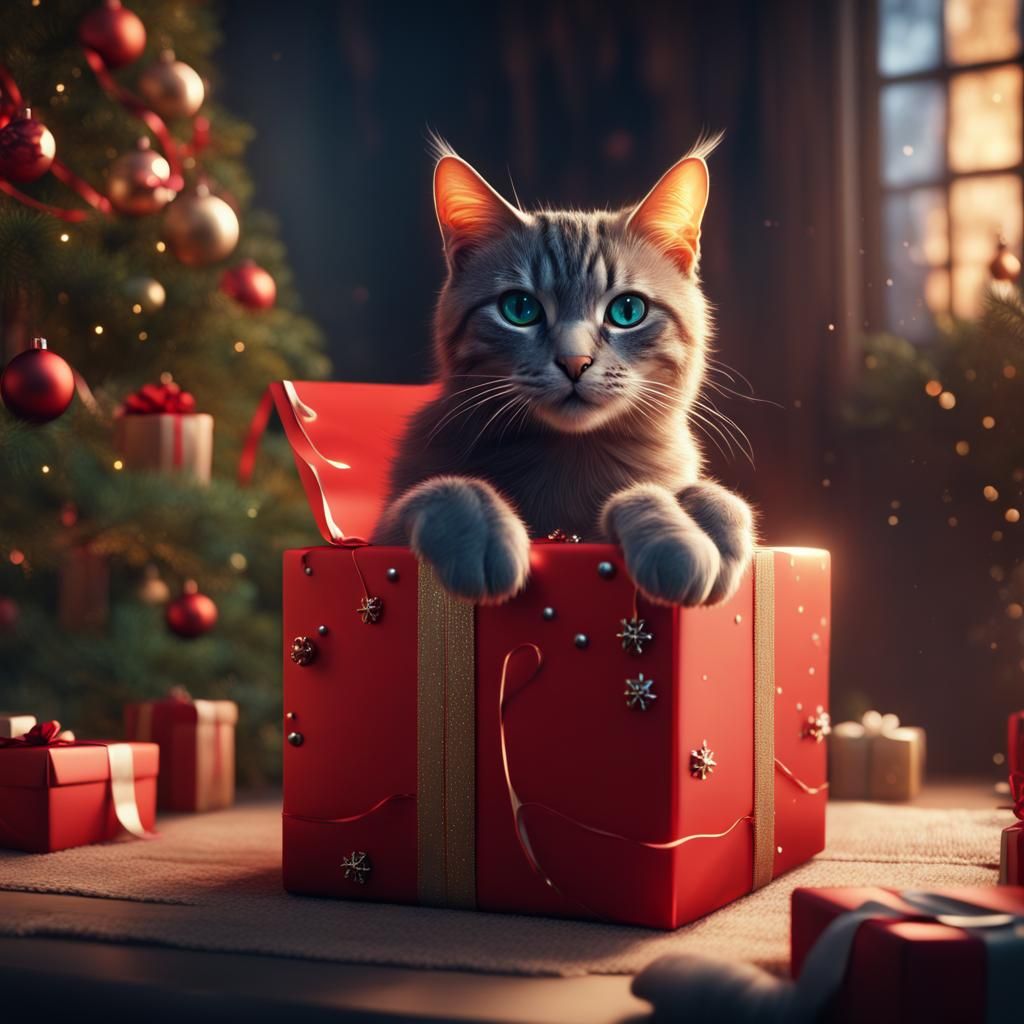Cat in Christmas Present: Detailed Matte Painting