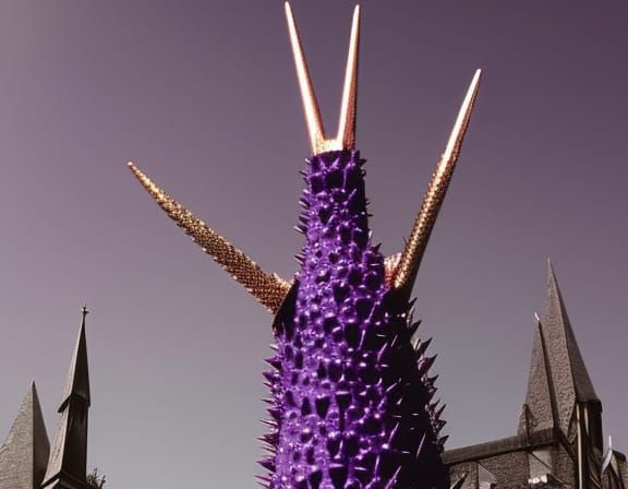 insanely detailed tall, spiky dark purple castle spire with horns covered in dark gemstones steampunk