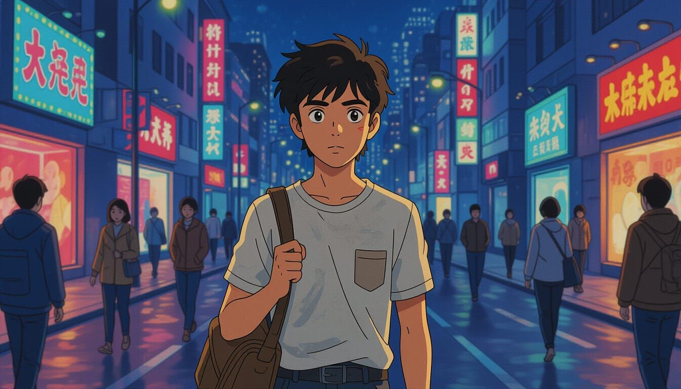 Determined Indian Youth on a Busy City Street at Night