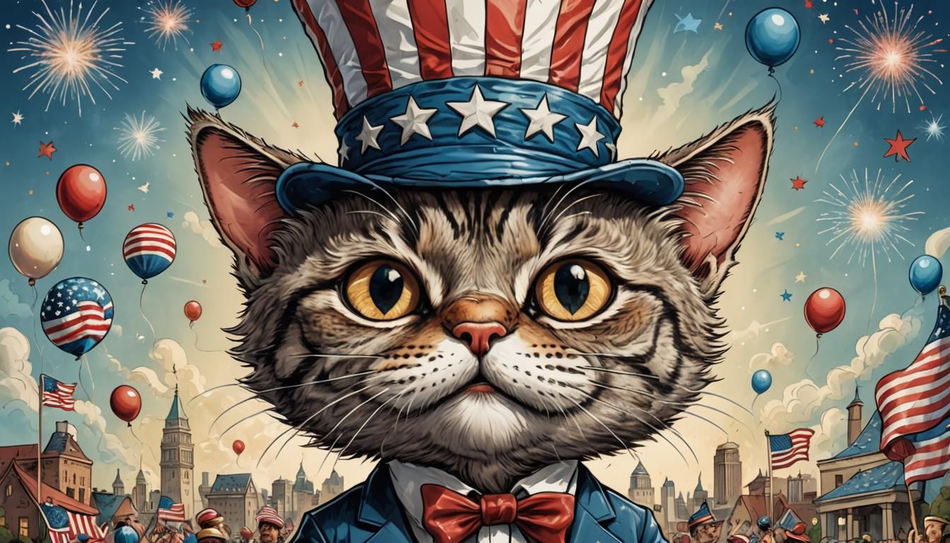 Cartoon Cat Celebrates Fourth of July in Surreal Style