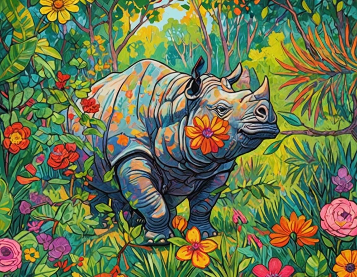 Rhino's Floral Path: Fauvist Digital Art