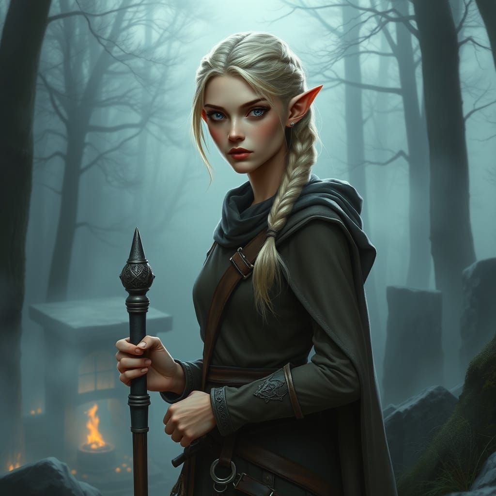 Half-Elf Woman in Misty Forest, Painterly Style