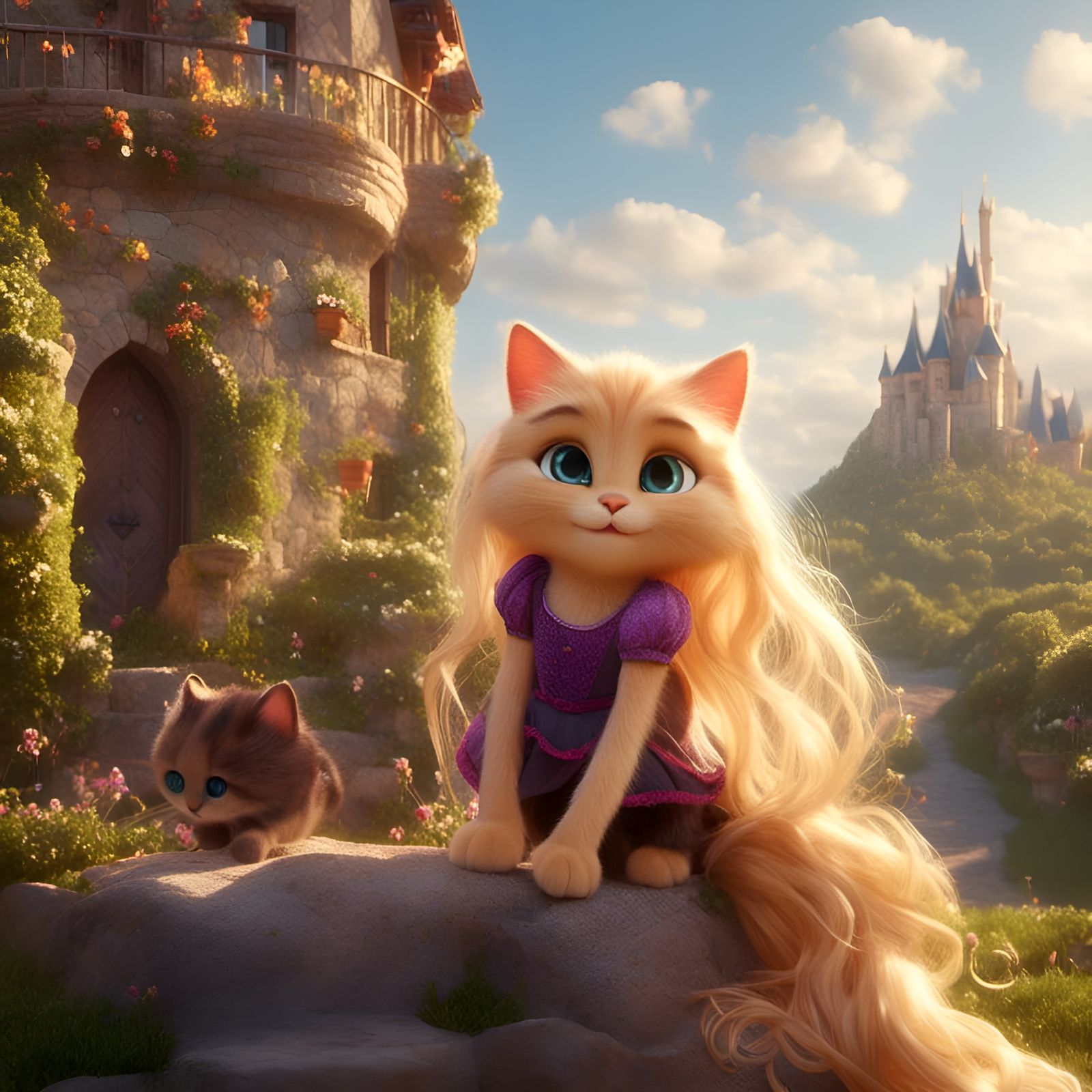 Rapunzel as a Cat in Tower on Sunny Day