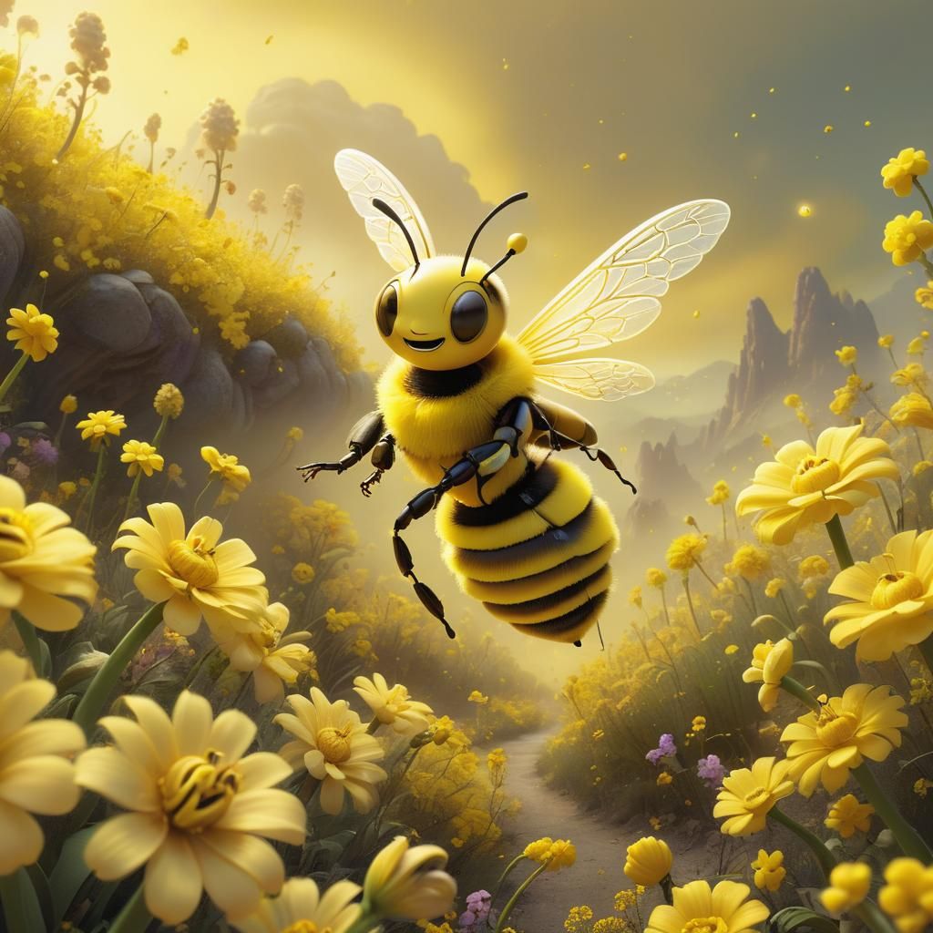 Whimsical Yellow Bee in Dreamlike Landscape