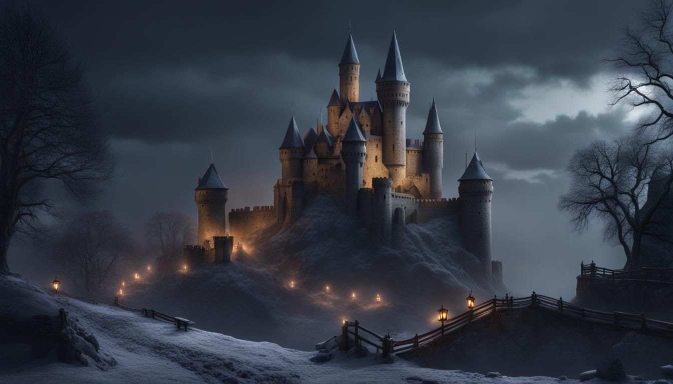 Winter Night at Medieval Castle: Fantasy Concept Art