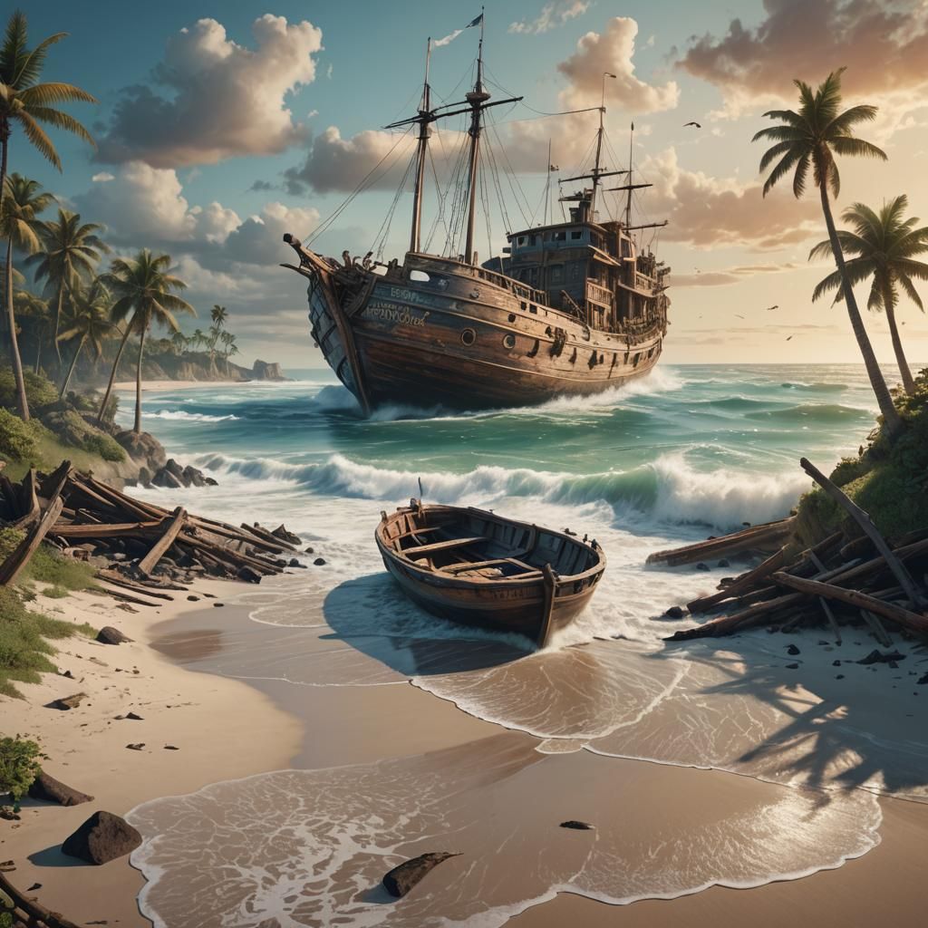 Shipwrecked Boat on Beach in Detailed Matte Painting Style