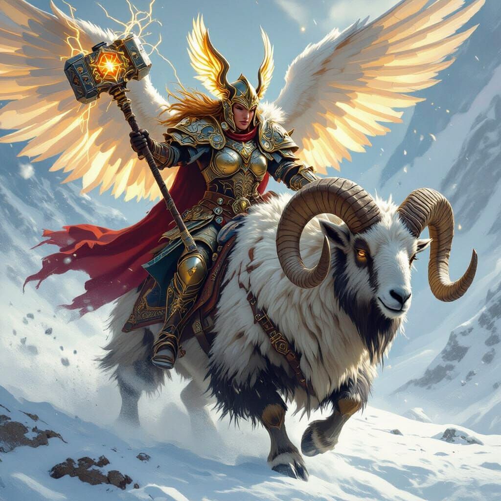 Dwarven Valkyrie on Mountain Goat, Art Nouveau Style