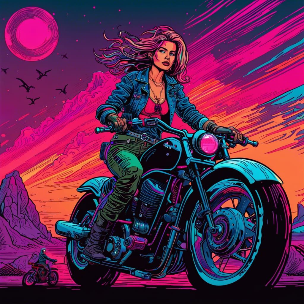 Neon Cowgirl Outlaw Rides Into Sunset in Dieselpunk Style