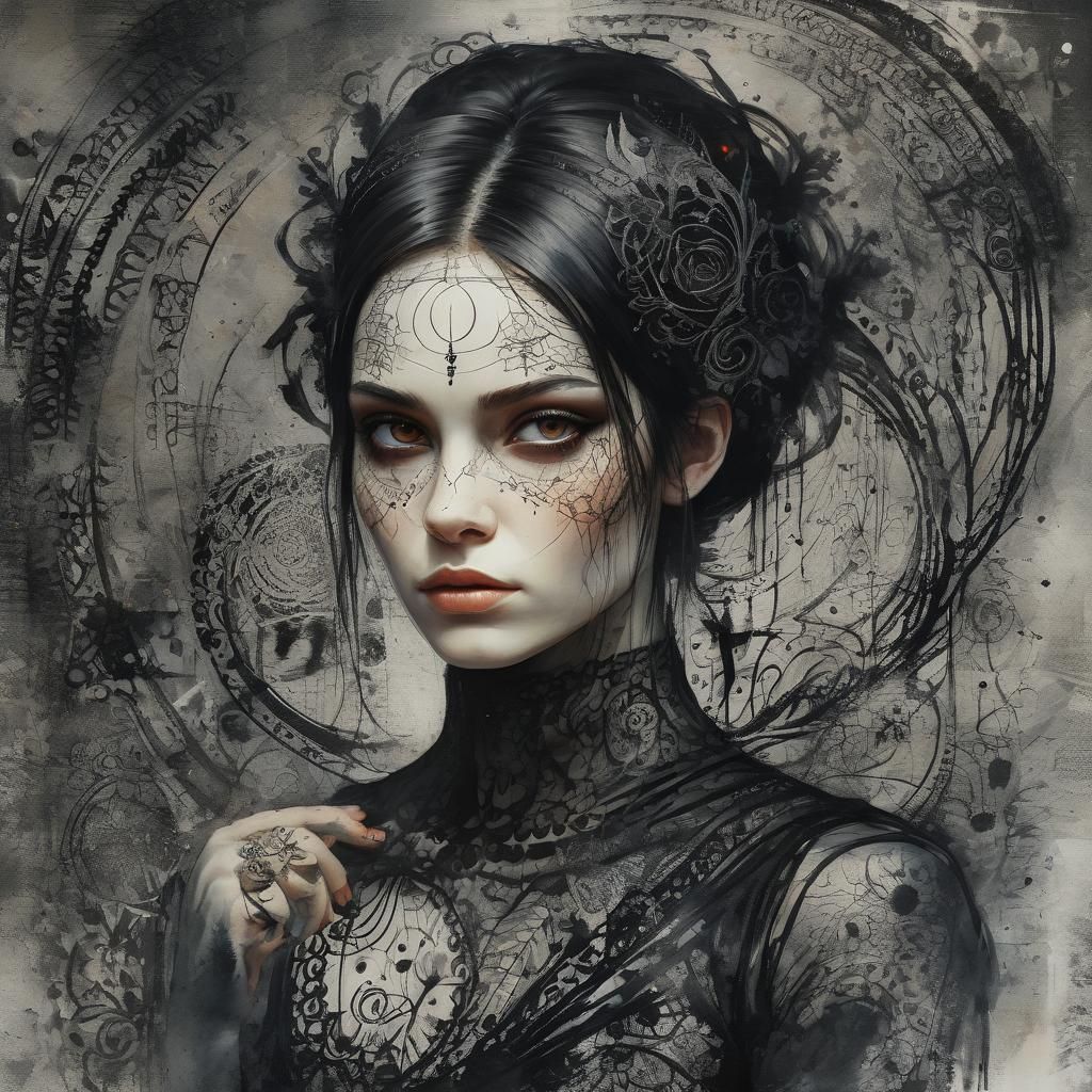 Gothic Queen Portrait with Fiery Eyes as Ink Art